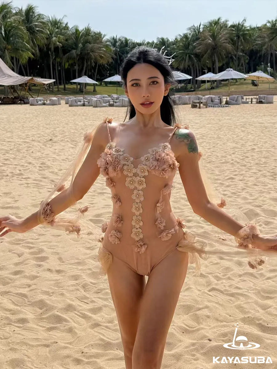 ROSE SWIMWEAR FLORAL BIKINI SHEER BEACHWEAR SEXY ONE-PIECE SWIMSUIT SUMMER VACATION OUTFIT