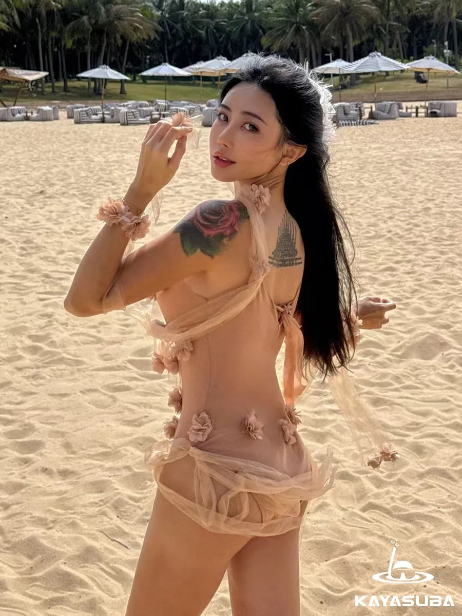 ROSE SWIMWEAR FLORAL BIKINI SHEER BEACHWEAR SEXY ONE-PIECE SWIMSUIT SUMMER VACATION OUTFIT