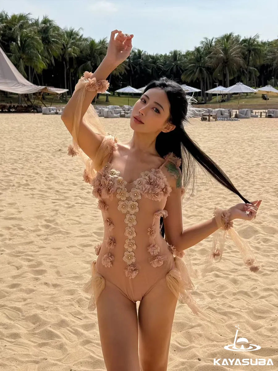 ROSE SWIMWEAR FLORAL BIKINI SHEER BEACHWEAR SEXY ONE-PIECE SWIMSUIT SUMMER VACATION OUTFIT