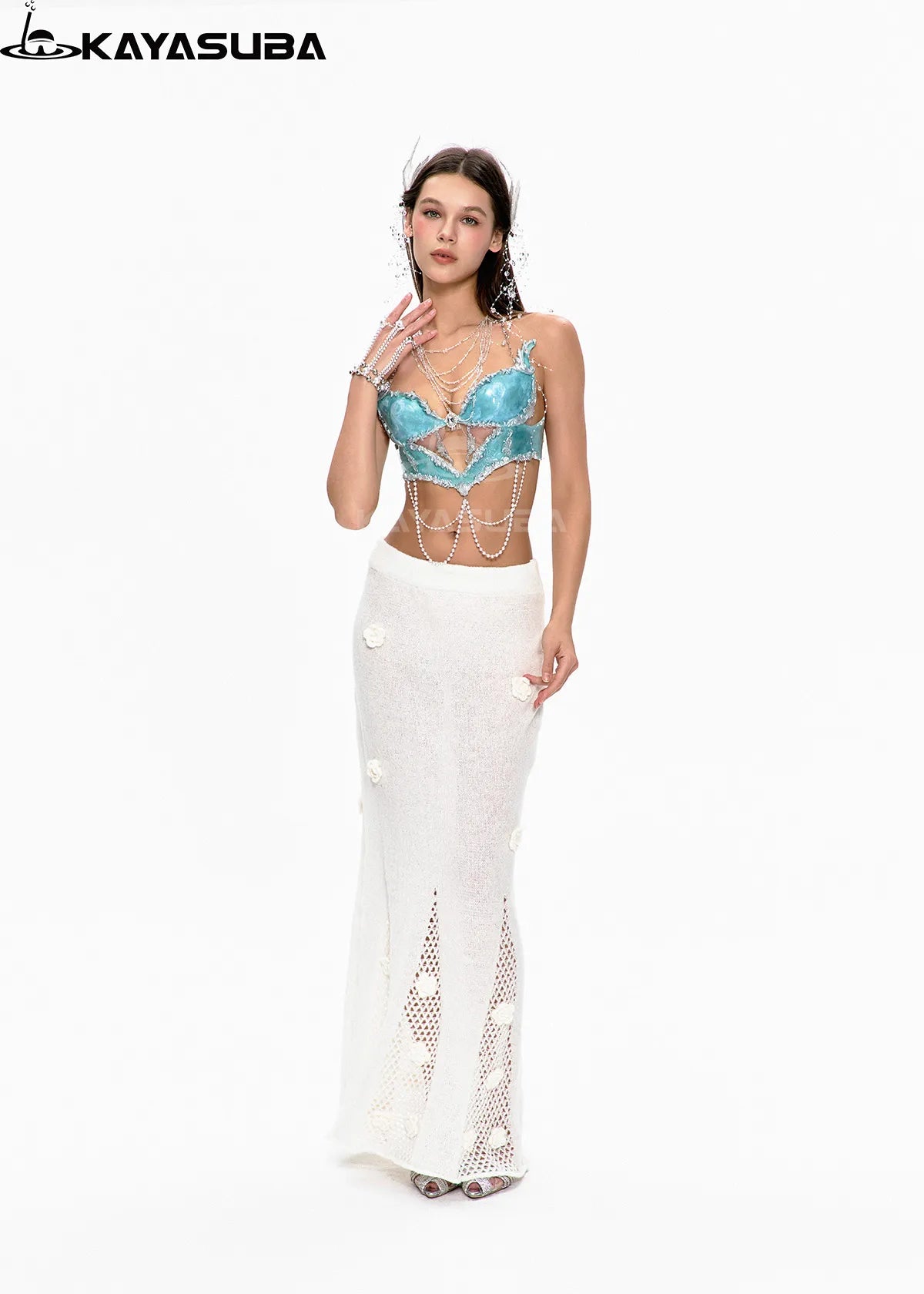CELADON BLUE COSPLAY COSTUME RESIN MERMAID PORCELAIN CORSET BRA TOP