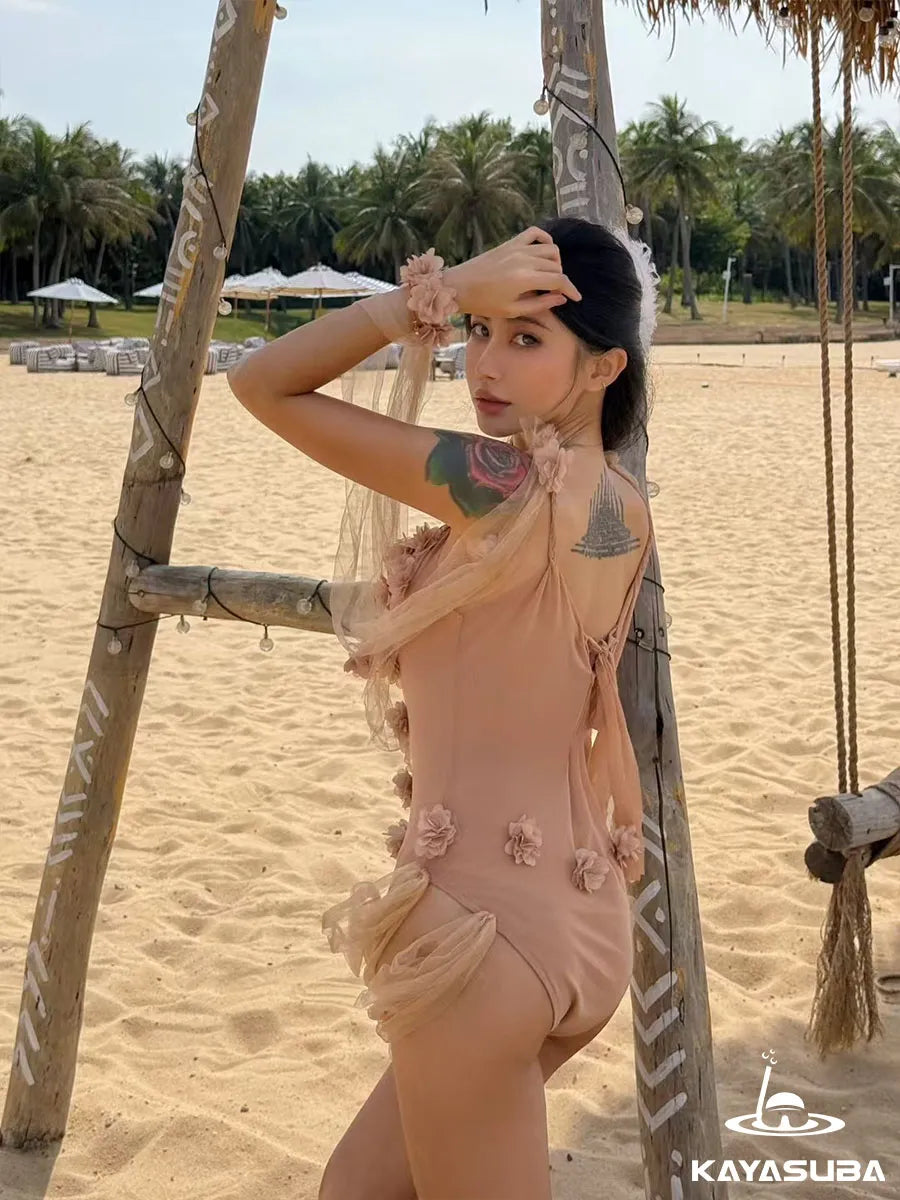 ROSE SWIMWEAR FLORAL BIKINI SHEER BEACHWEAR SEXY ONE-PIECE SWIMSUIT SUMMER VACATION OUTFIT