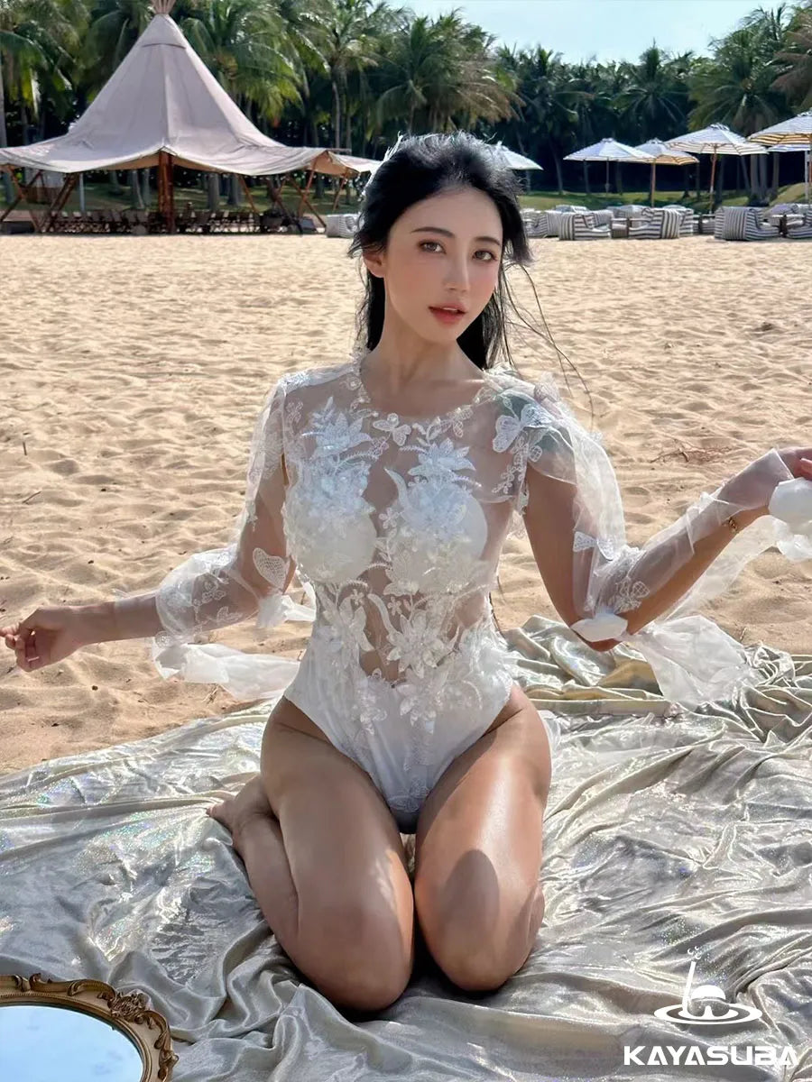 LACE SWIMWEAR FLORAL BIKINI SHEER BEACHWEAR SEXY ONE-PIECE SWIMSUIT SUMMER VACATION OUTFIT