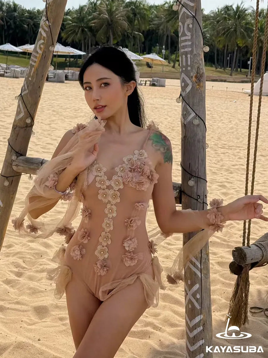 ROSE SWIMWEAR FLORAL BIKINI SHEER BEACHWEAR SEXY ONE-PIECE SWIMSUIT SUMMER VACATION OUTFIT