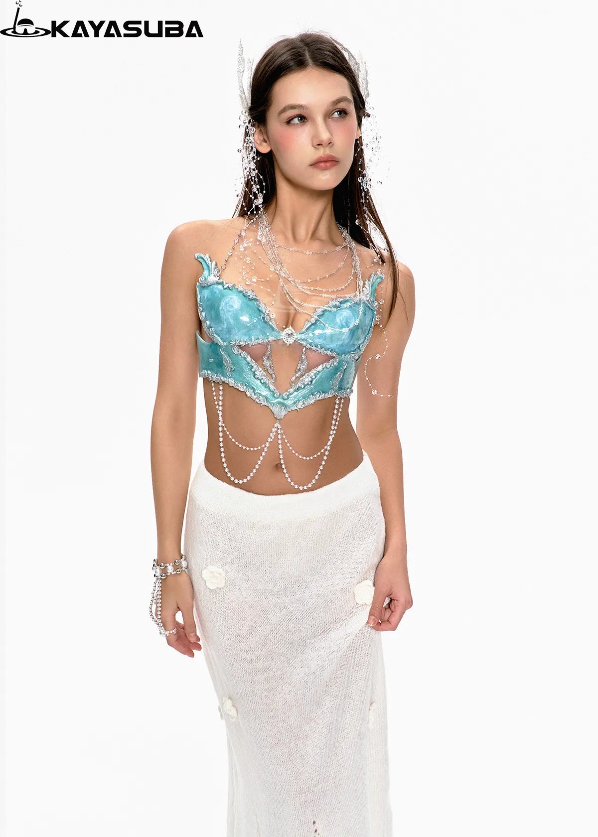 CELADON BLUE COSPLAY COSTUME RESIN MERMAID PORCELAIN CORSET BRA TOP