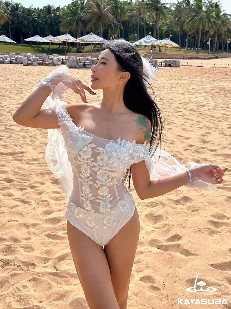 MUSE SWIMWEAR FLORAL BIKINI SHEER BEACHWEAR SEXY ONE-PIECE SWIMSUIT SUMMER VACATION OUTFIT