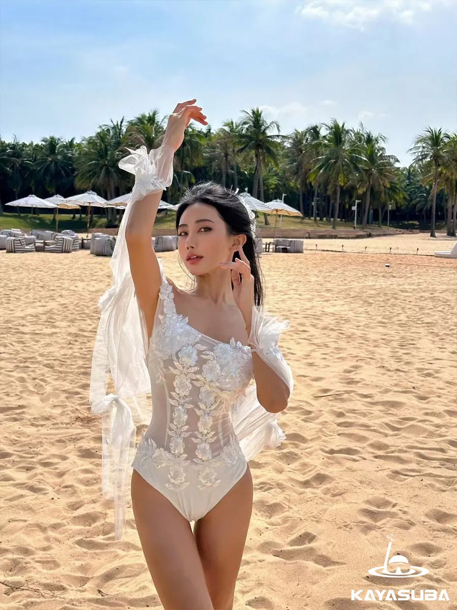 MUSE SWIMWEAR FLORAL BIKINI SHEER BEACHWEAR SEXY ONE-PIECE SWIMSUIT SUMMER VACATION OUTFIT