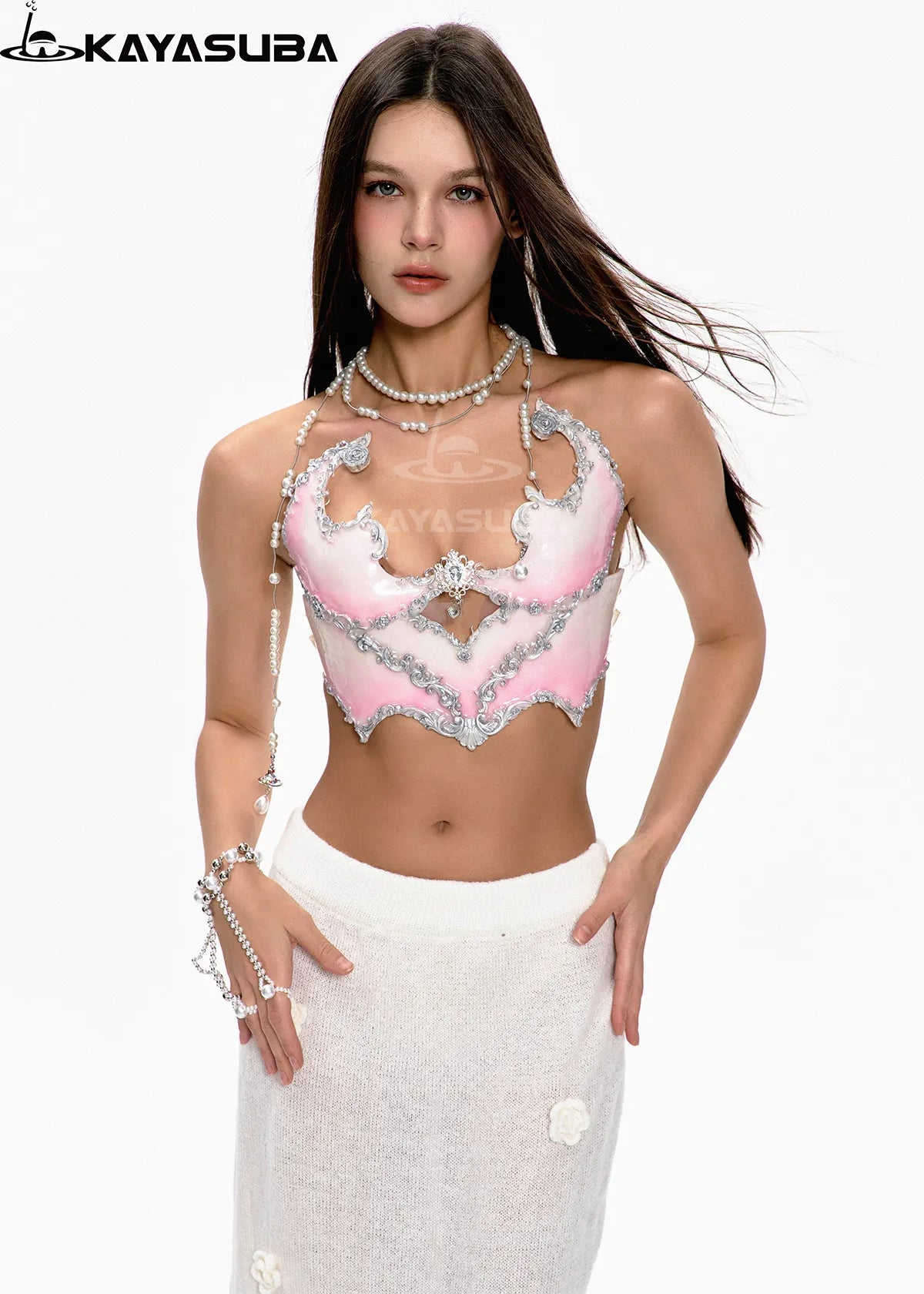 VIVID FEATHER PINK COSPLAY COSTUME RESIN MERMAID PORCELAIN CORSET BRA TOP