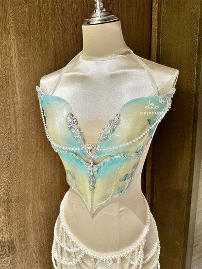 AMBER BLUE MERMAID TAIL DIVING AQUARIUM PHOTOGRAPHY SWIMSUIT FISH SKIN+MERMAID CORSET BRA TOP SET