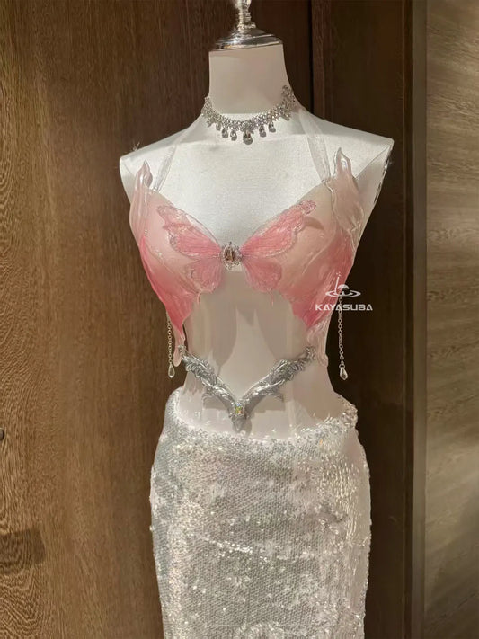 PALE PINK COSPLAY COSTUME RESIN MERMAID PORCELAIN CORSET BRA TOP SET