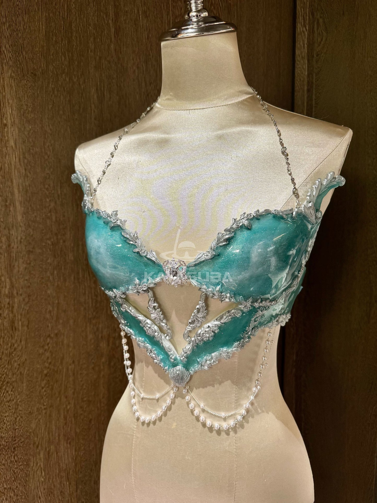 CELADON BLUE MERMAID TAIL DIVING AQUARIUM PHOTOGRAPHY SWIMSUIT FISH SKIN+MERMAID CORSET BRA TOP SET PATENT-PROTECTION